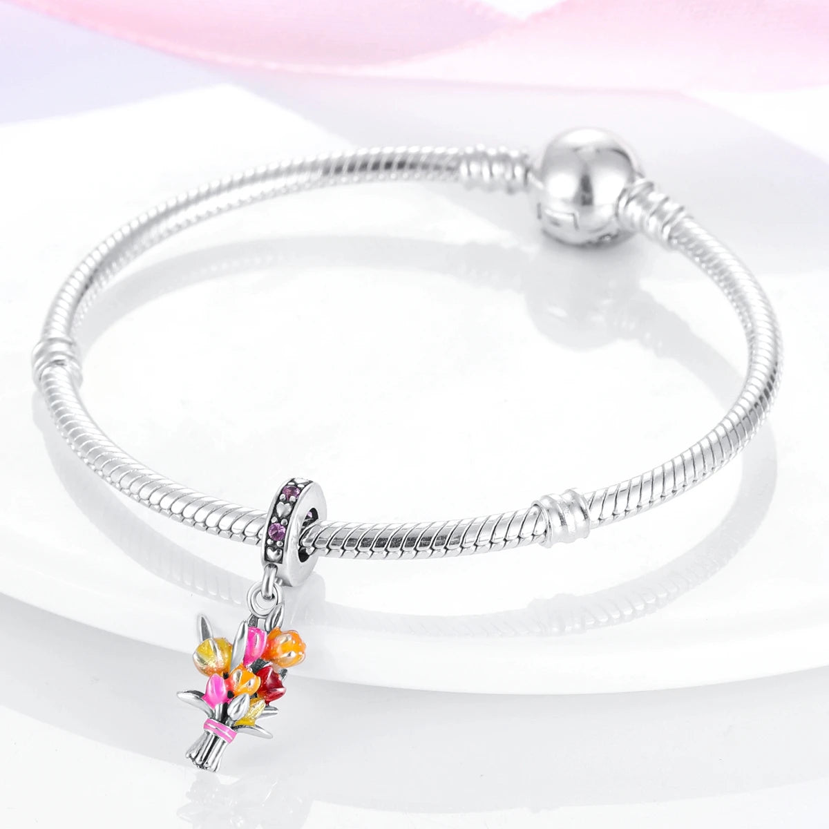 Pink Silver Plated Butterfly Flower Charm Beads for DIY