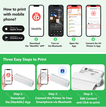 Inkless A4 Portable Thermal Printer Bluetooth Wireless