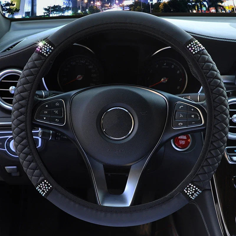 Universal Leather Diamond-Studded Steering Wheel Cover