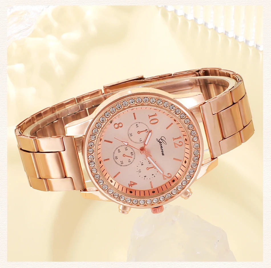 6PCS Rose Gold Luxury Women’s Watch Jewelry Set