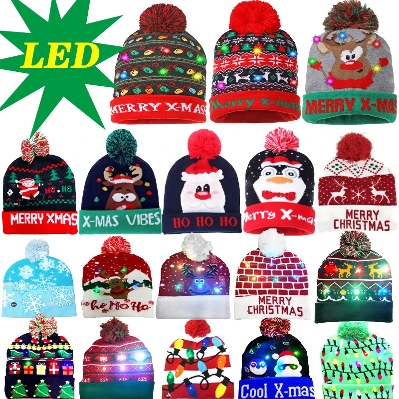 LED Christmas Hat Beanie Warm Light-Up Snowman Patterns