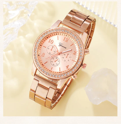 6PCS Rose Gold Luxury Women’s Watch Jewelry Set