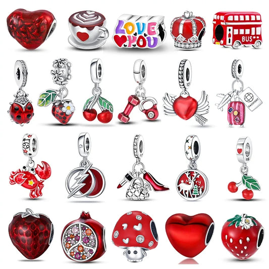 925 Sterling Silver Heart Red Charm Bead Jewelry