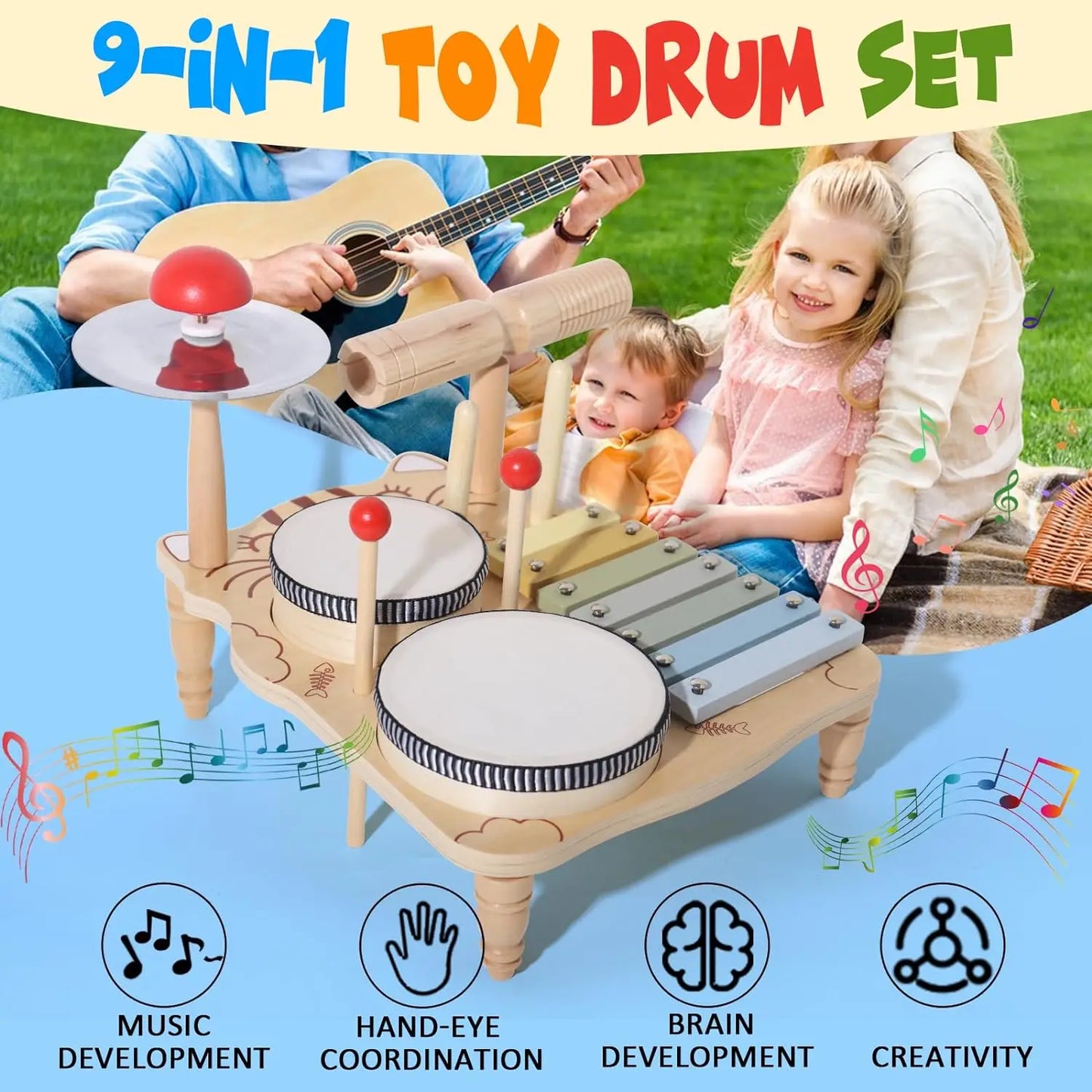 Wooden Xylophone & Drum Set