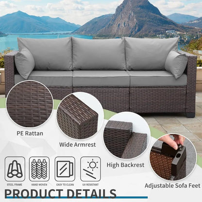 WAROOM Patio Couch PE Wicker 3-Seat Outdoor Brown Rattan Sofa Deep Seating Furniture with Non-Slip Beige Cushion