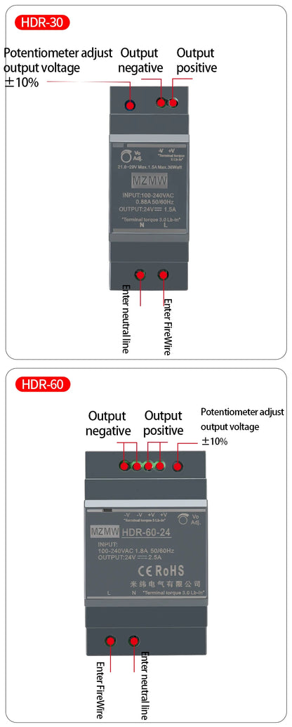 MZMW DIN Rail Switching Power Supply HDR-Series 15W-150W