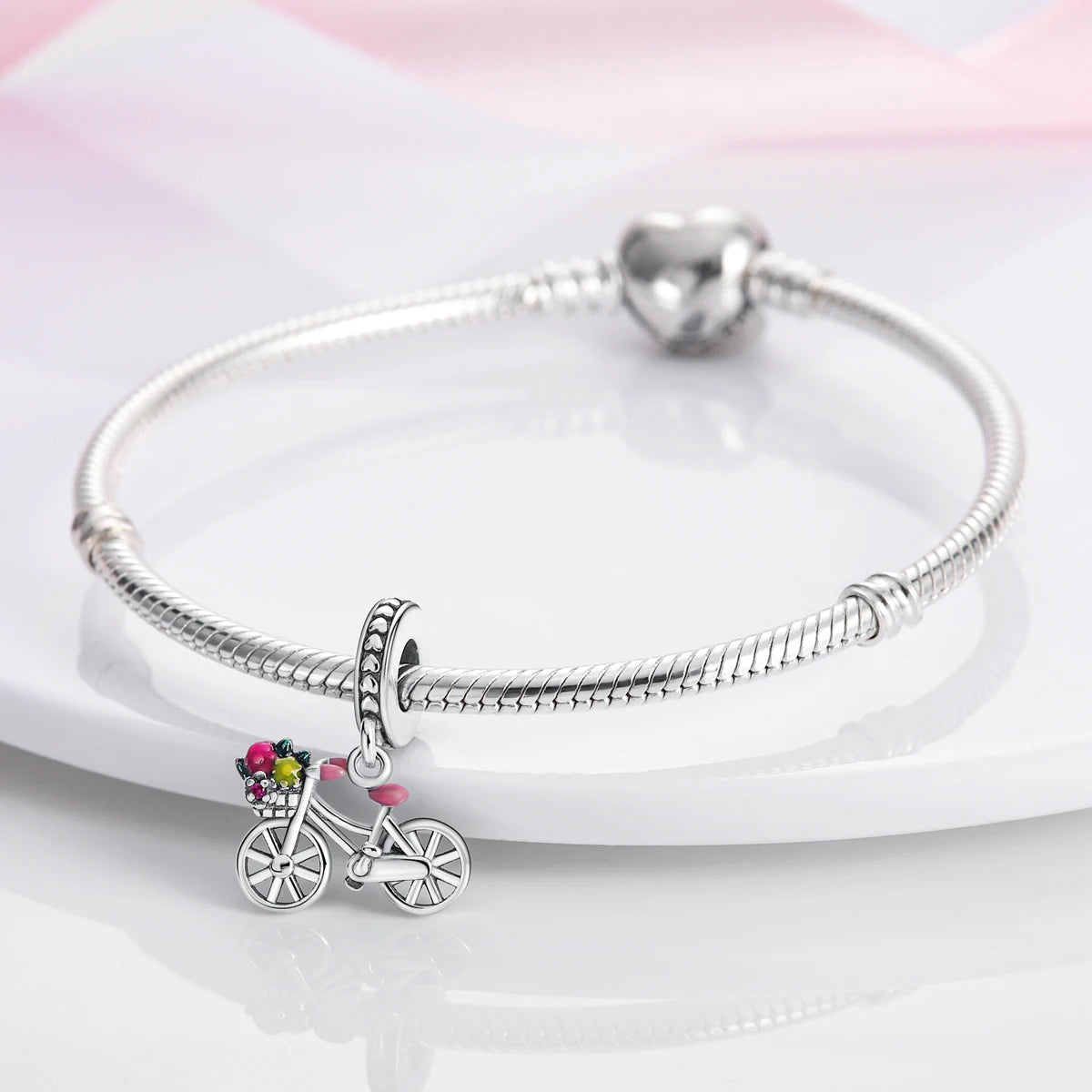 Pink Silver Plated Butterfly Flower Charm Beads for DIY