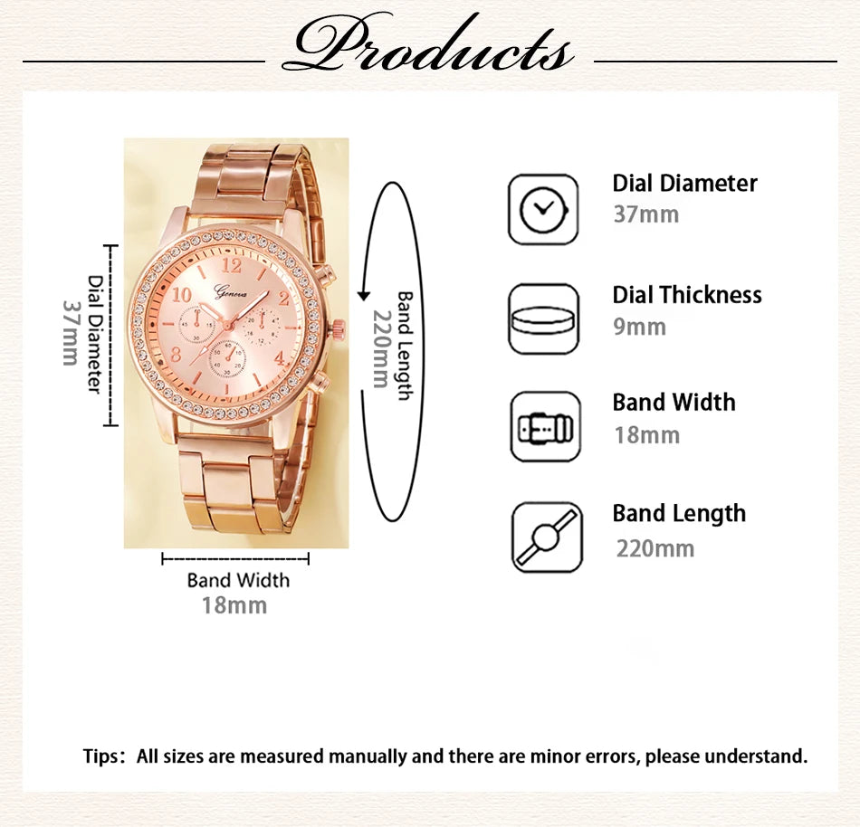 6PCS Rose Gold Luxury Women’s Watch Jewelry Set