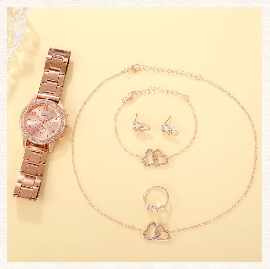 6PCS Rose Gold Luxury Women’s Watch Jewelry Set