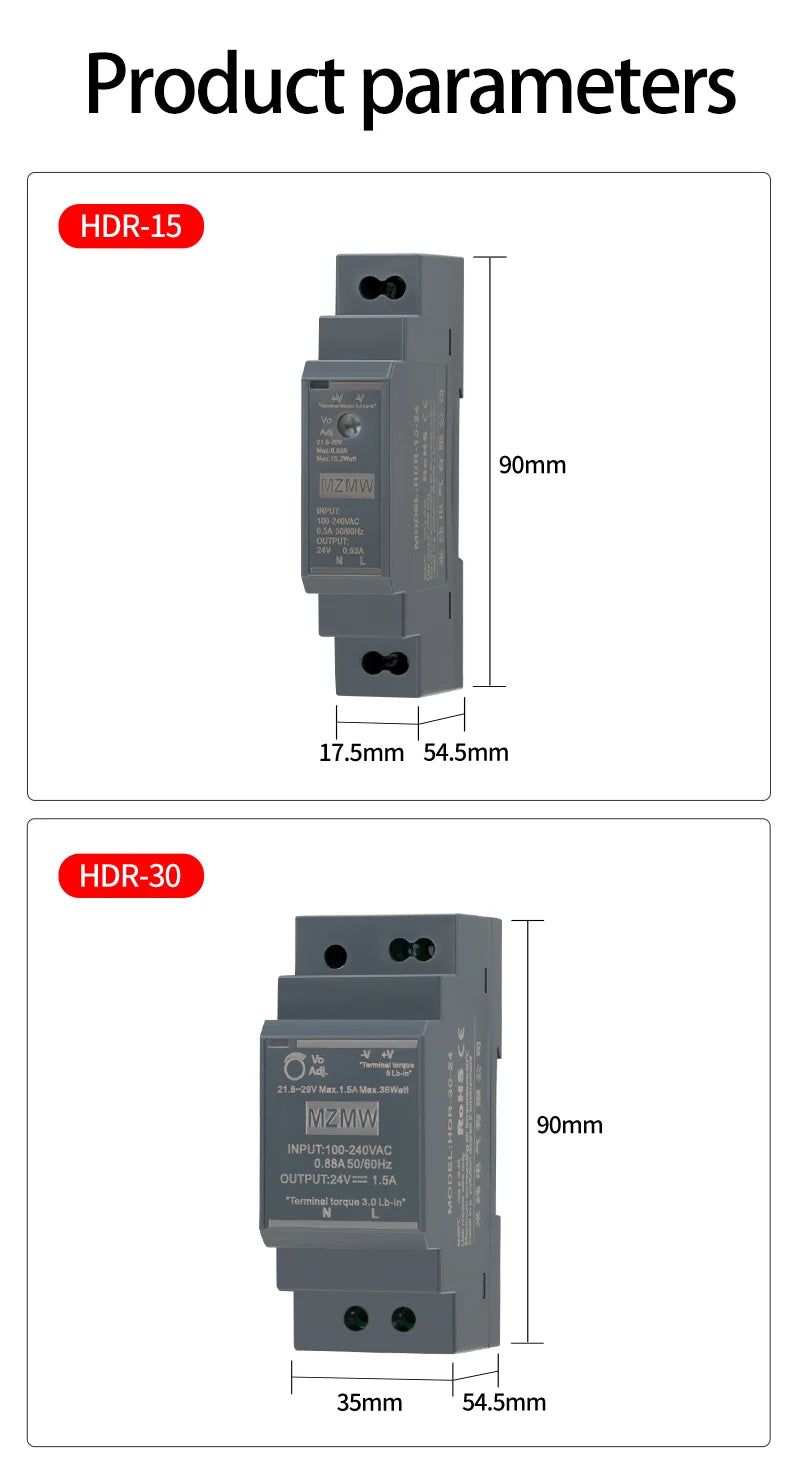 MZMW DIN Rail Switching Power Supply HDR-Series 15W-150W