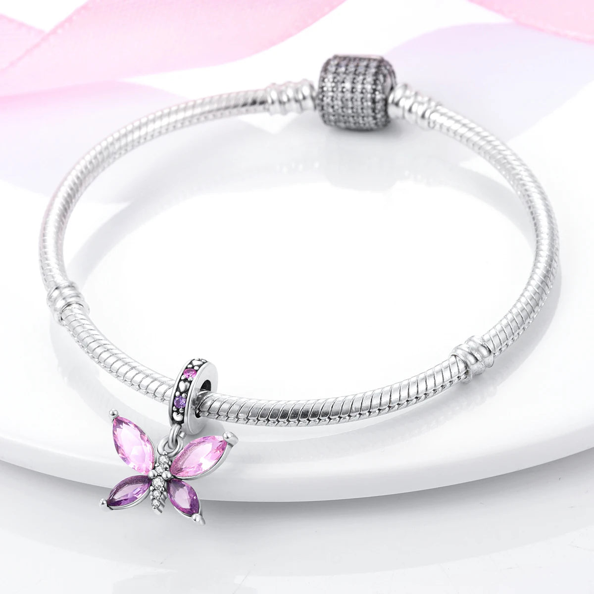 Pink Silver Plated Butterfly Flower Charm Beads for DIY