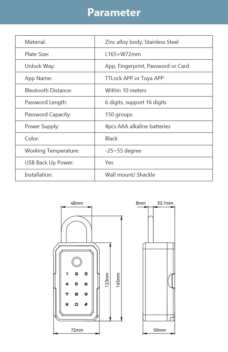 YRHAND TTlock Wifi Security Lock Box Fingerprint Smart