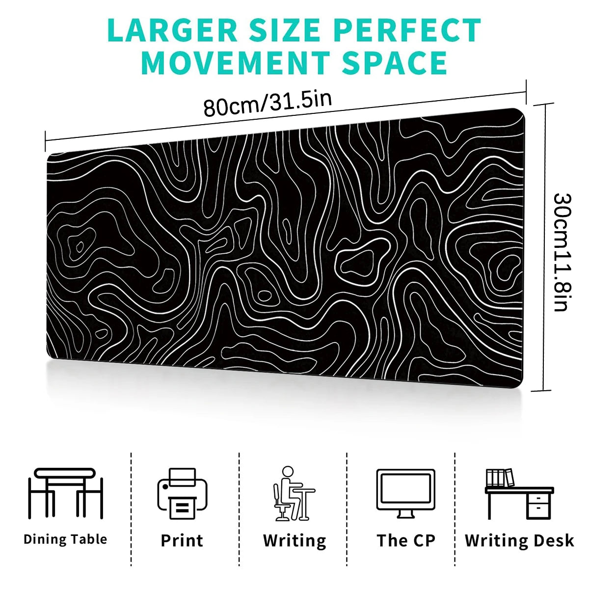 Large Black and White Topographic Gaming Mouse Pad