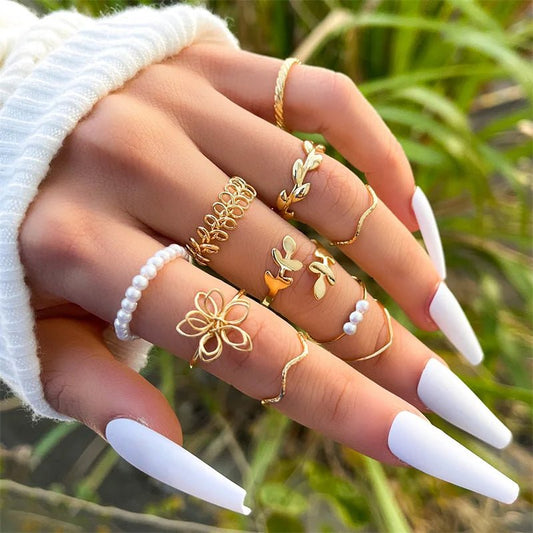 Bohemian Wave Flower Rings Set Vintage Geometric Pearl - Shop Dealza