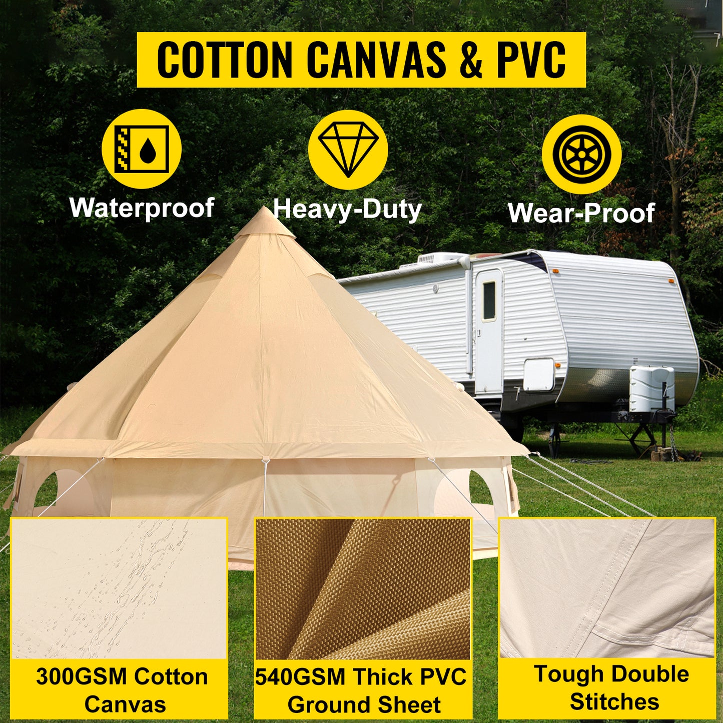 VEVOR 3-7m Waterproof Cotton Canvas Bell Tent Family Yurt