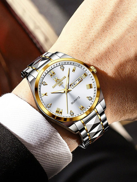 Luxury Men’s Silver Stainless Steel Quartz Watch Business Calendar - Shop Dealza